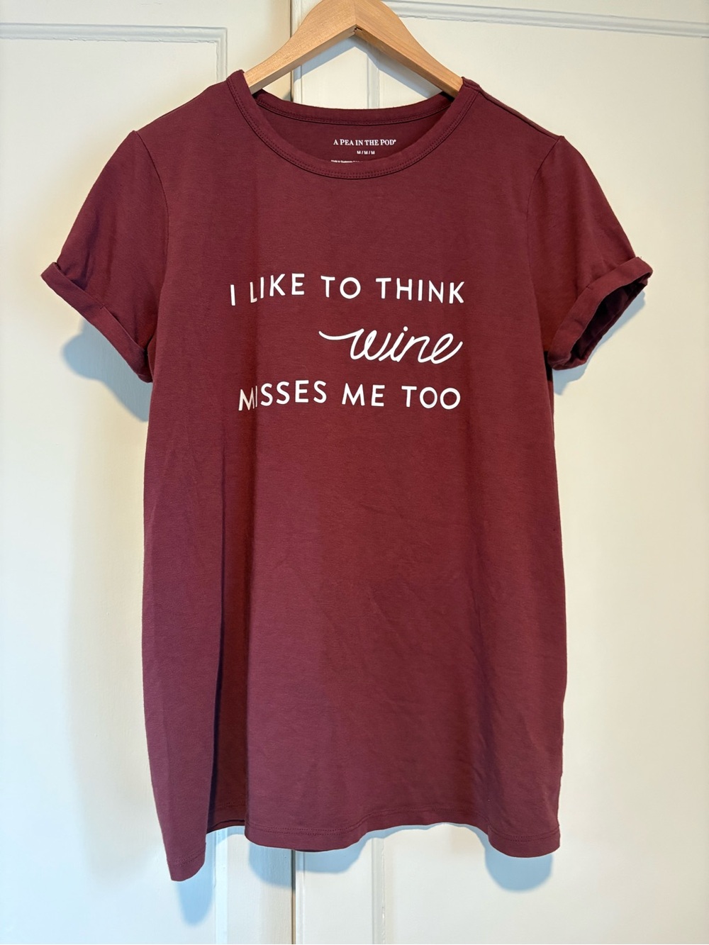 A Pea In The Pod “I Like to Think Wine Misses Me Too” Maternity Short Sleeve Tee